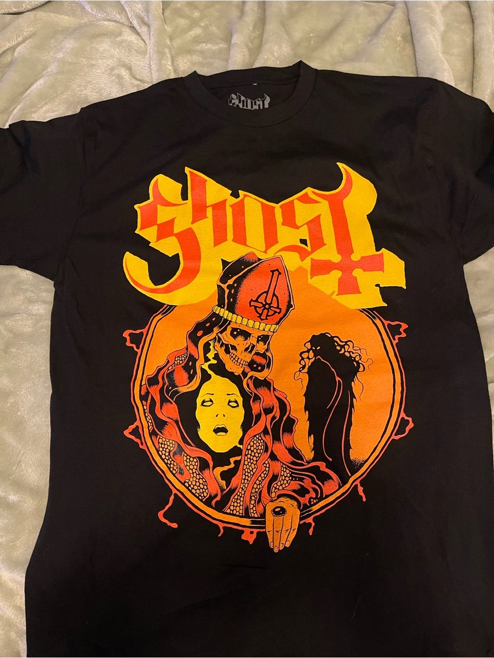 GHOST band Black Short Sleeve Graphic Tee with Yellow and Orange Print